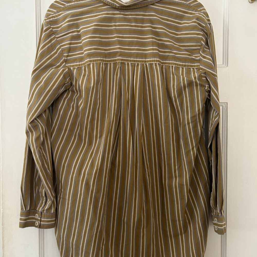 By Anthropologie Olive Green Blue Striped Side-Button Tunic Blouse Size Medium - Picture 9 of 9